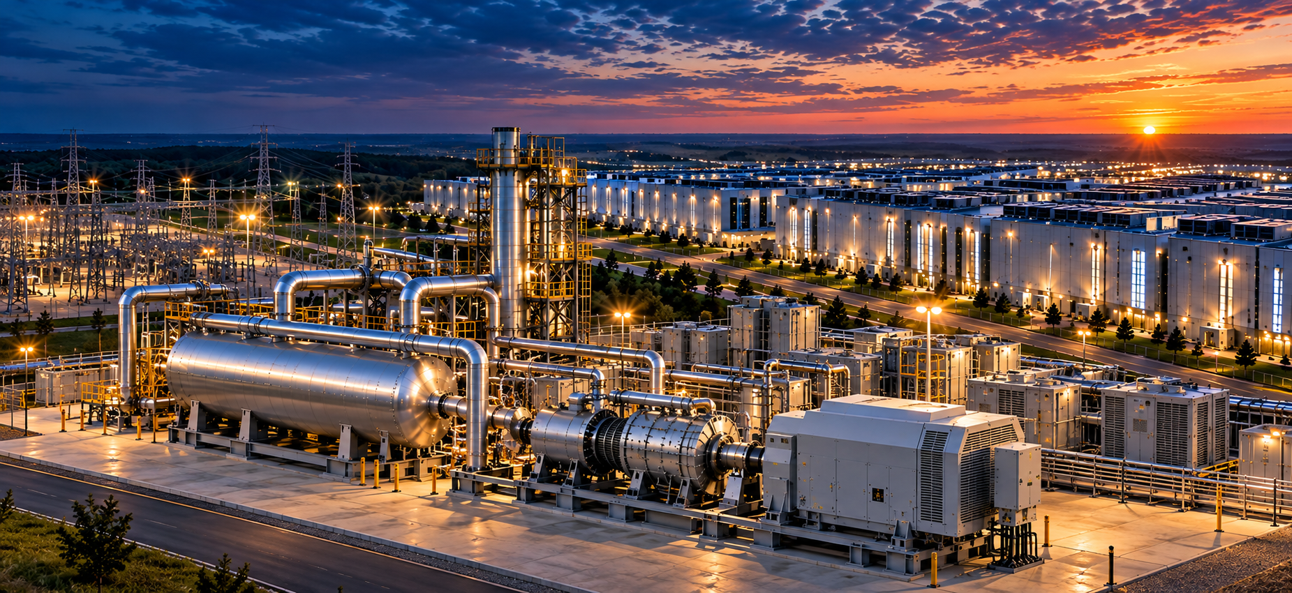 Conceptual UCA steam turbine generator and data center campus at sunset